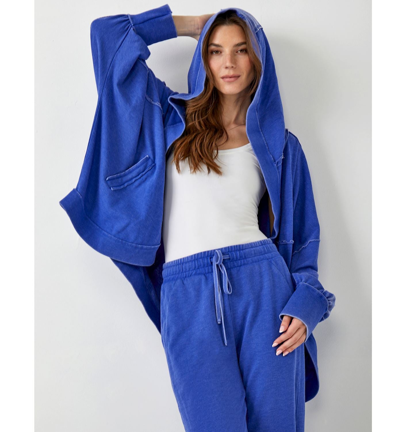 Oversized Hooded Fleece Cardigan -Cobalt Blue