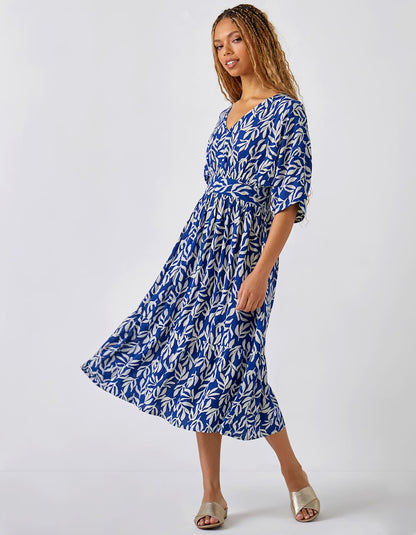 Viscose Deep V Printed Dress-Blue SALE