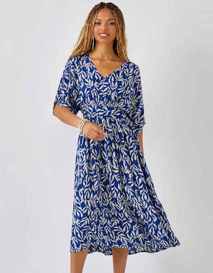 Viscose Deep V Printed Dress-Blue SALE
