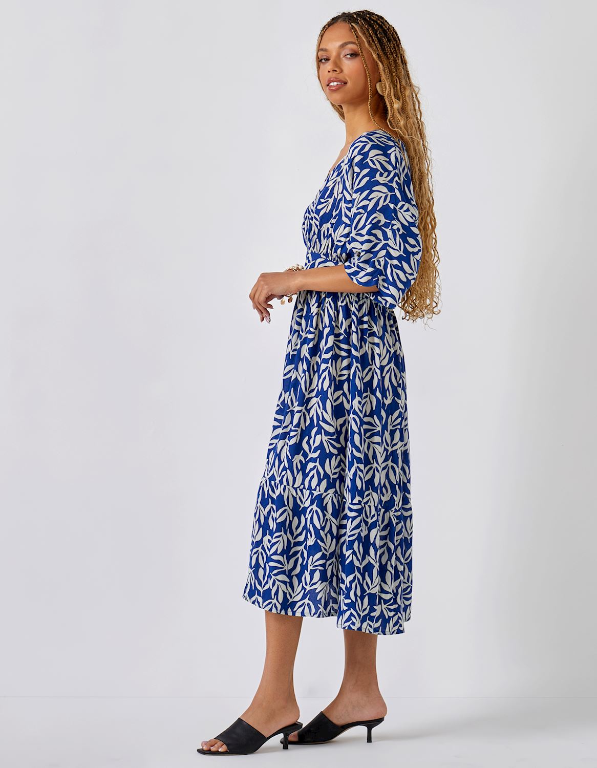 Viscose Deep V Printed Dress-Blue SALE