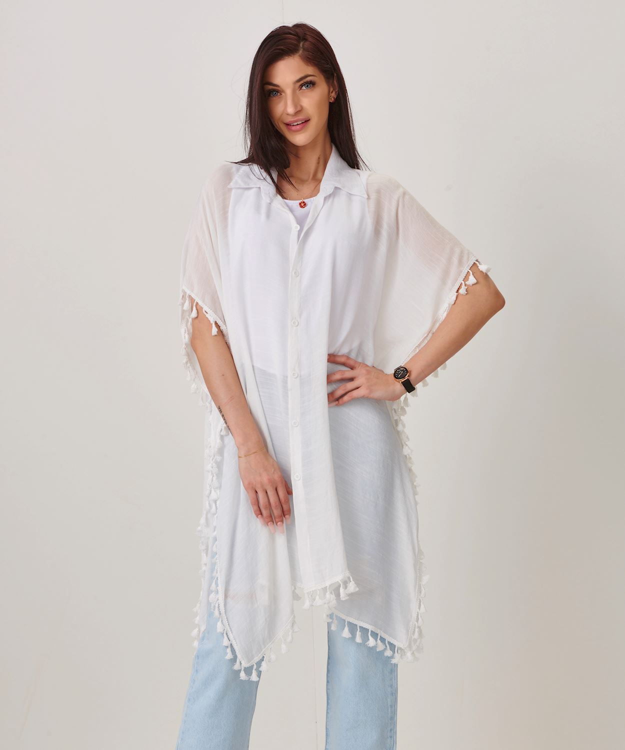 Button Cover Up Top w/Tassle Fringe