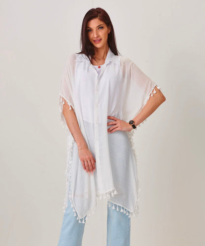 Button Cover Up Top w/Tassle Fringe
