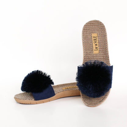 La-a SOLE - Pom Pom Slides – Navy | Women’s Slip-On Summer Sandals
