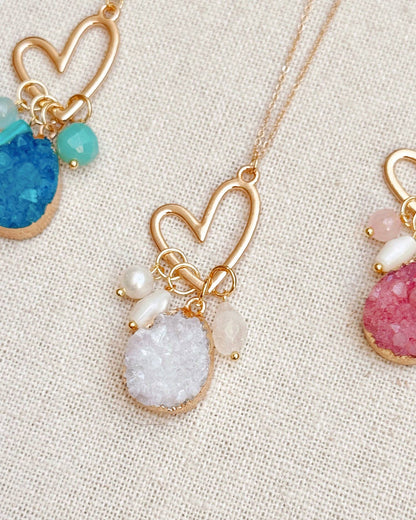 Colorful Druzy Quartz Cluster Heart Pendant Necklace 80330