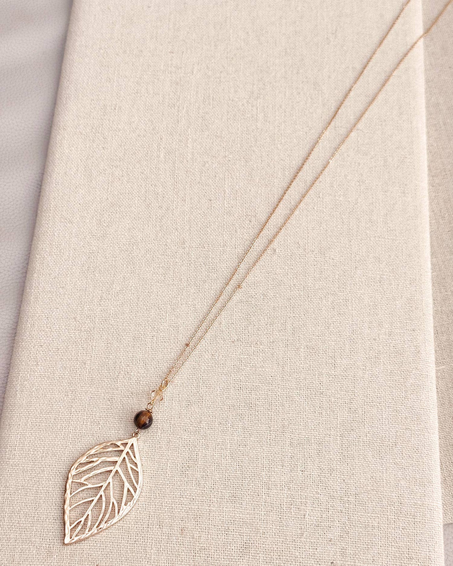Tiger Eye & Swarovski Crystal Gold Leaf Necklace
