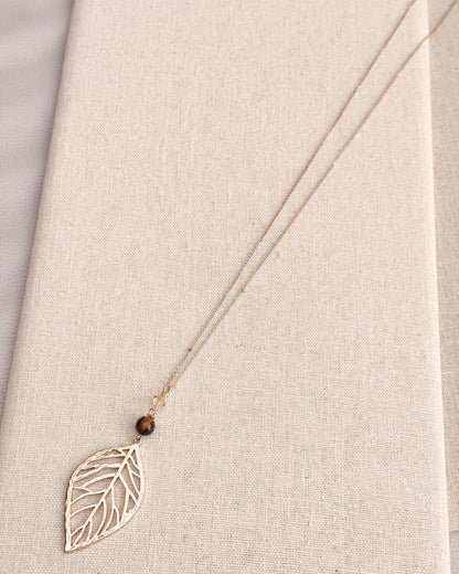 Tiger Eye & Swarovski Crystal Gold Leaf Necklace