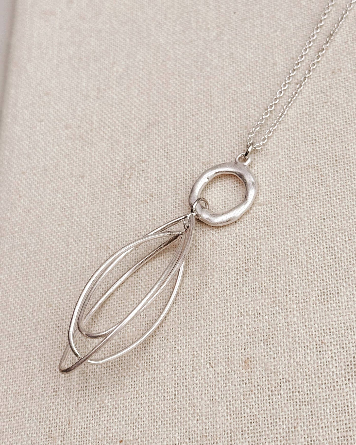 Matte Silver Double Oval Pendant Necklace