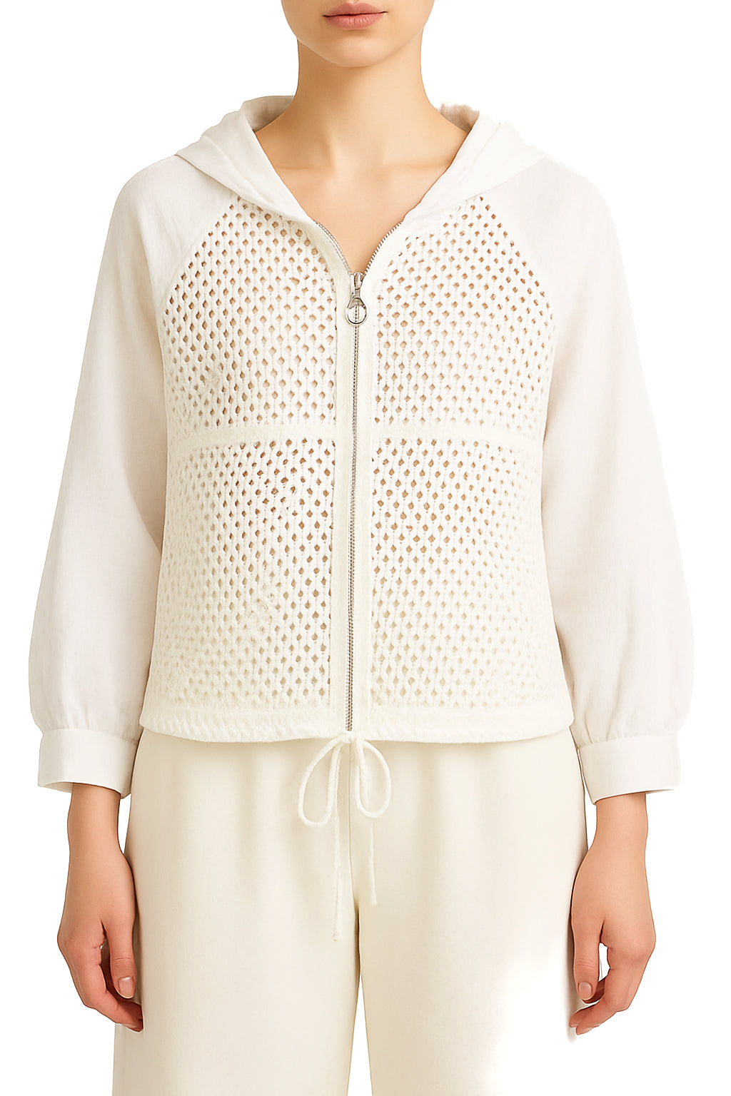 Hooded Crochet and Linen Zip Up