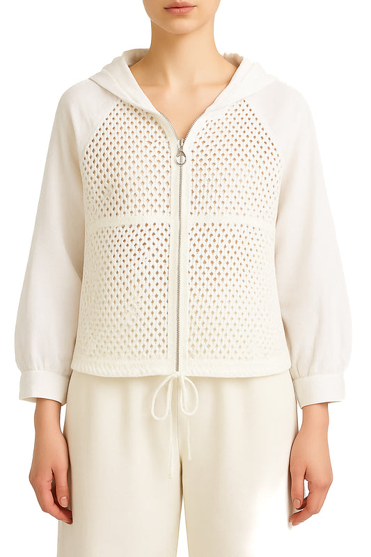 Hooded Crochet and Linen Zip Up