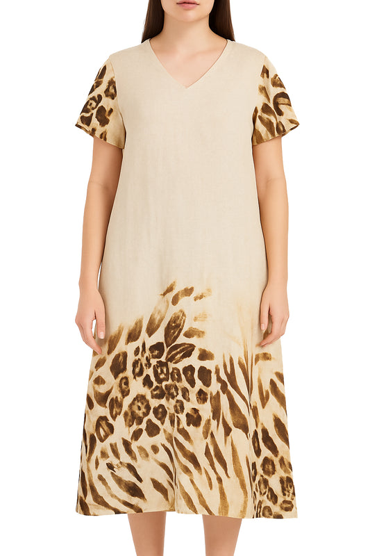 Linen Dress with Lepard Print Sleeves