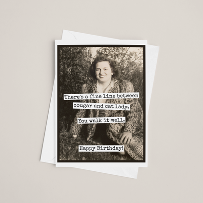 Raven's Rest Studio - Funny Birthday Card. Fine Line Cougar Cat Lady. Vintage