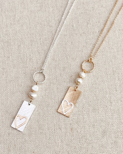 Two Tone Gold & Silver Pearl Heart Tag Necklace 245488