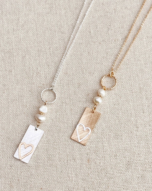 Two Tone Gold & Silver Pearl Heart Tag Necklace 245488