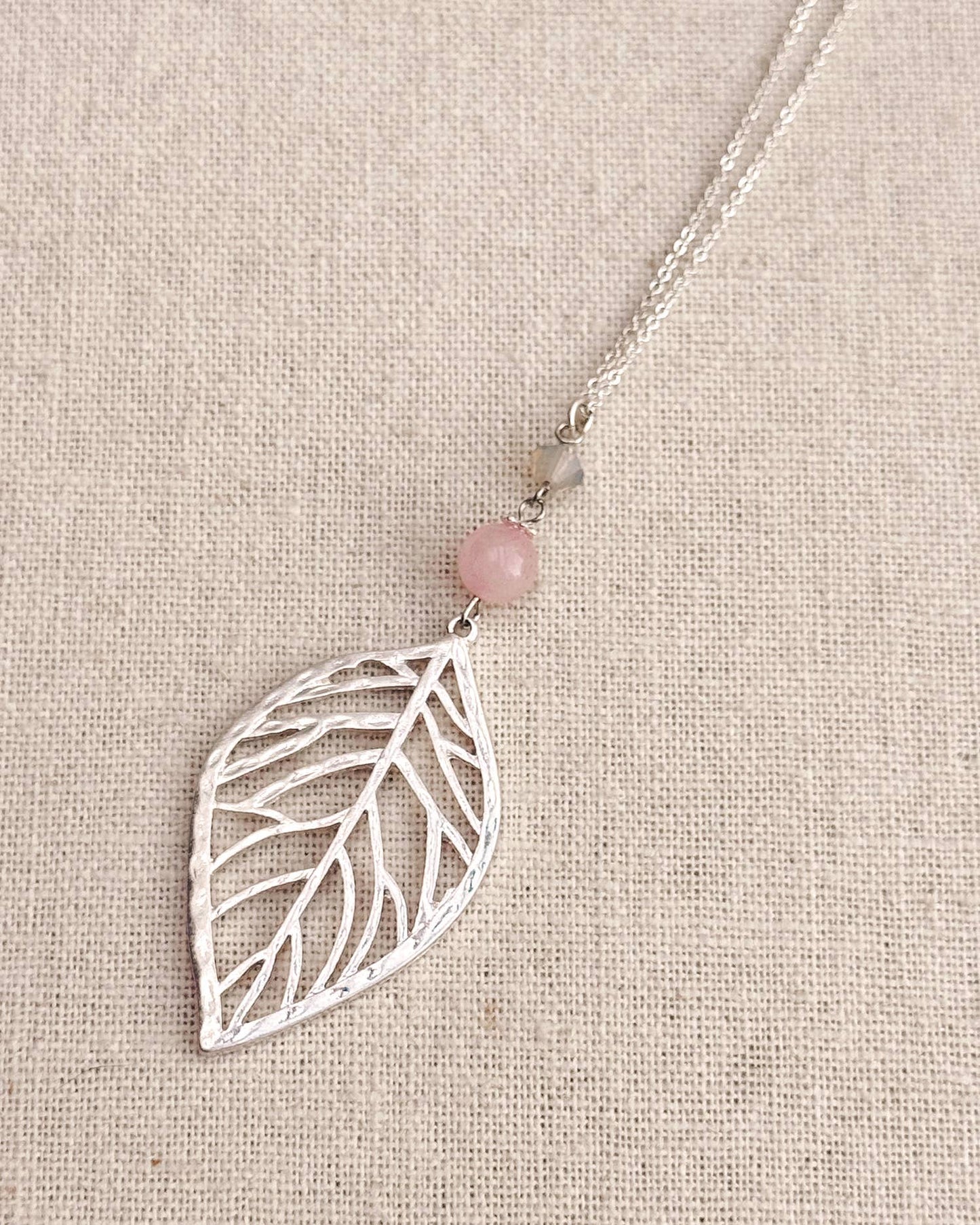 Silver Leaf Necklace – Rose Quartz & Swarovski Crystal