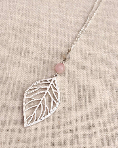 Silver Leaf Necklace – Rose Quartz & Swarovski Crystal