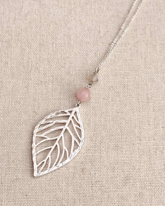Silver Leaf Necklace – Rose Quartz & Swarovski Crystal 210602