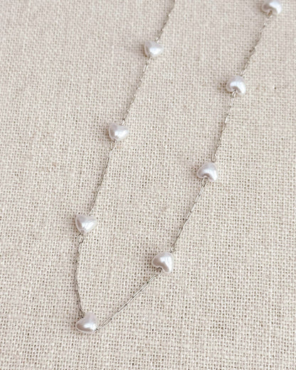 Faux Pearl Hearts Link Chain Necklace