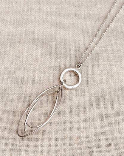 Matte Silver Double Oval Pendant Necklace
