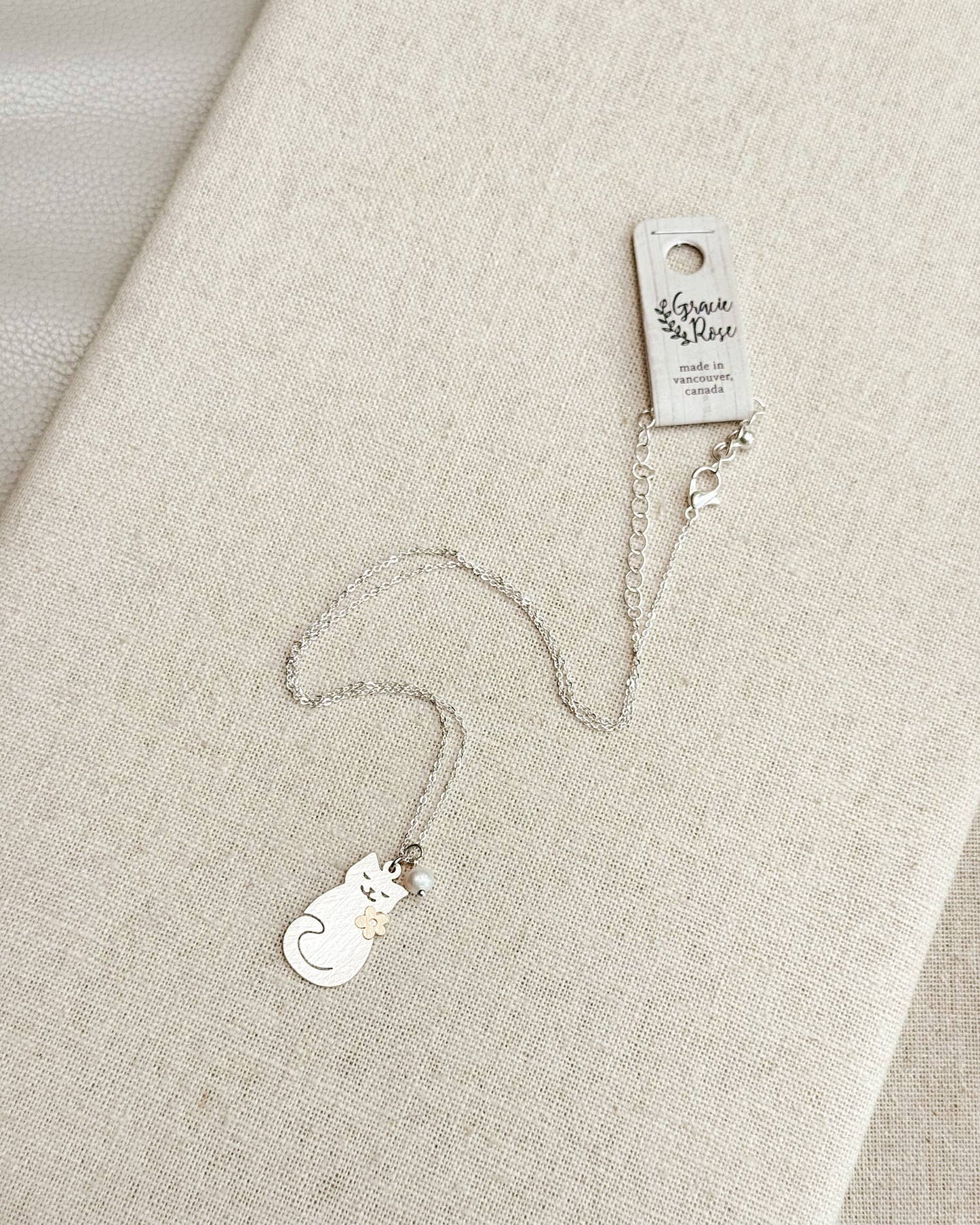 Brass Cat Charm Necklace with Pearl Accent 248772