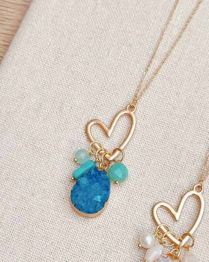 Colorful Druzy Quartz Cluster Heart Pendant Necklace 80330