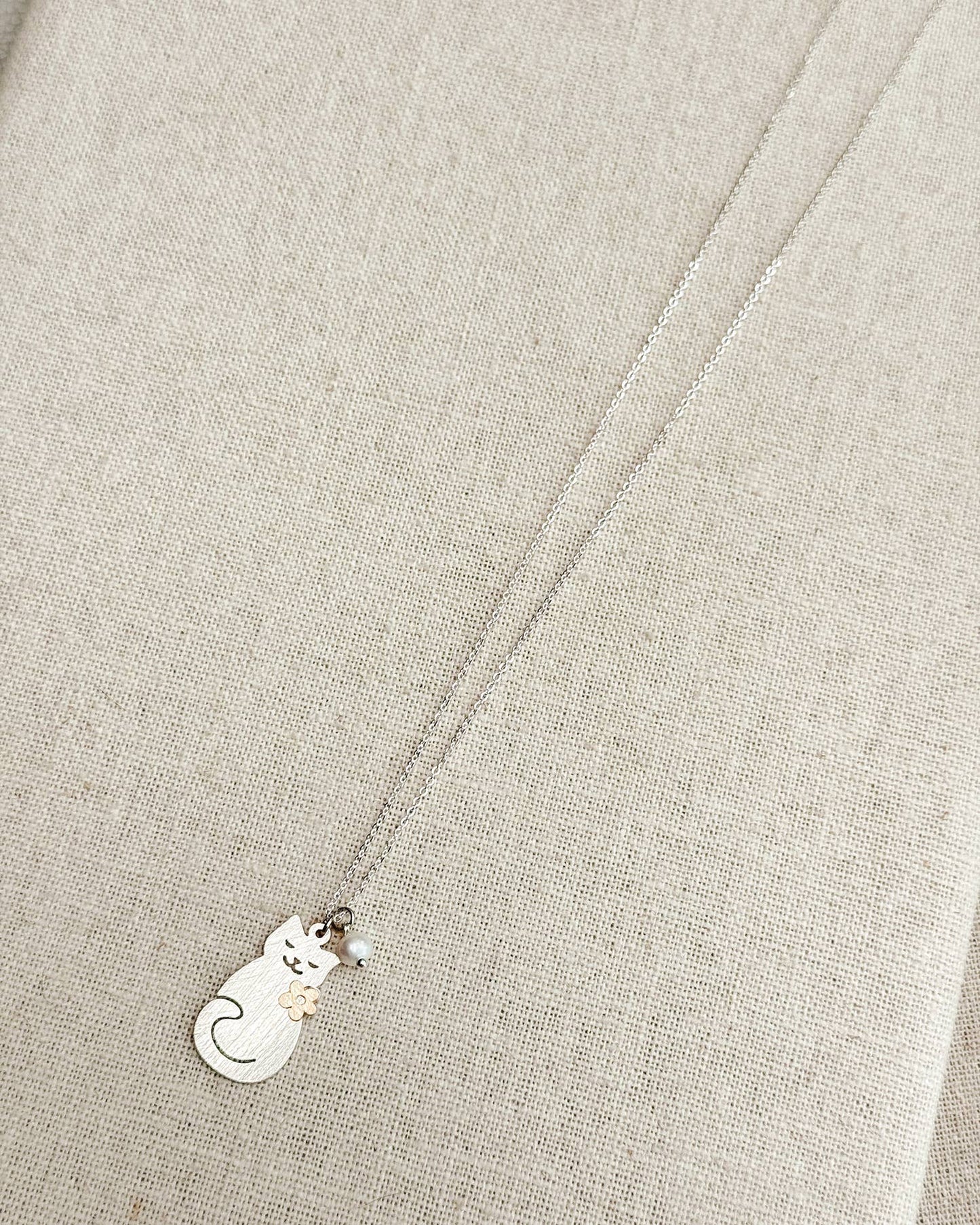 Brass Cat Charm Necklace with Pearl Accent 248772