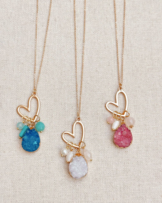 Colorful Druzy Quartz Cluster Heart Pendant Necklace 80330