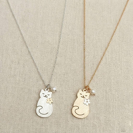 Brass Cat Charm Necklace with Pearl Accent 248772