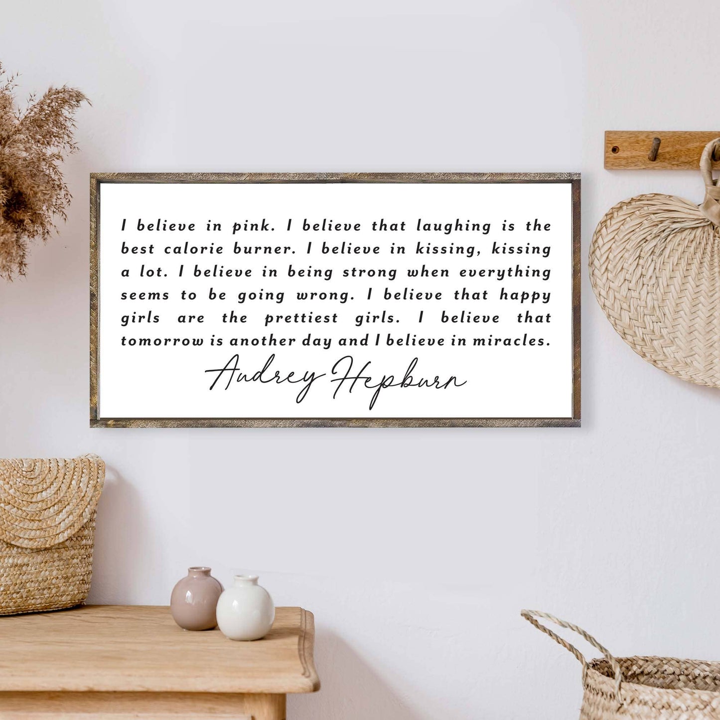 I Believe In Pink Audrey Hepburn Wood Sign: Espresso