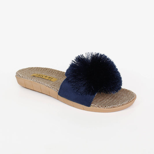 La-a SOLE - Pom Pom Slides – Navy | Women’s Slip-On Summer Sandals