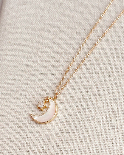 Cubic Zirconia Shell Moon & Star Charm Necklace