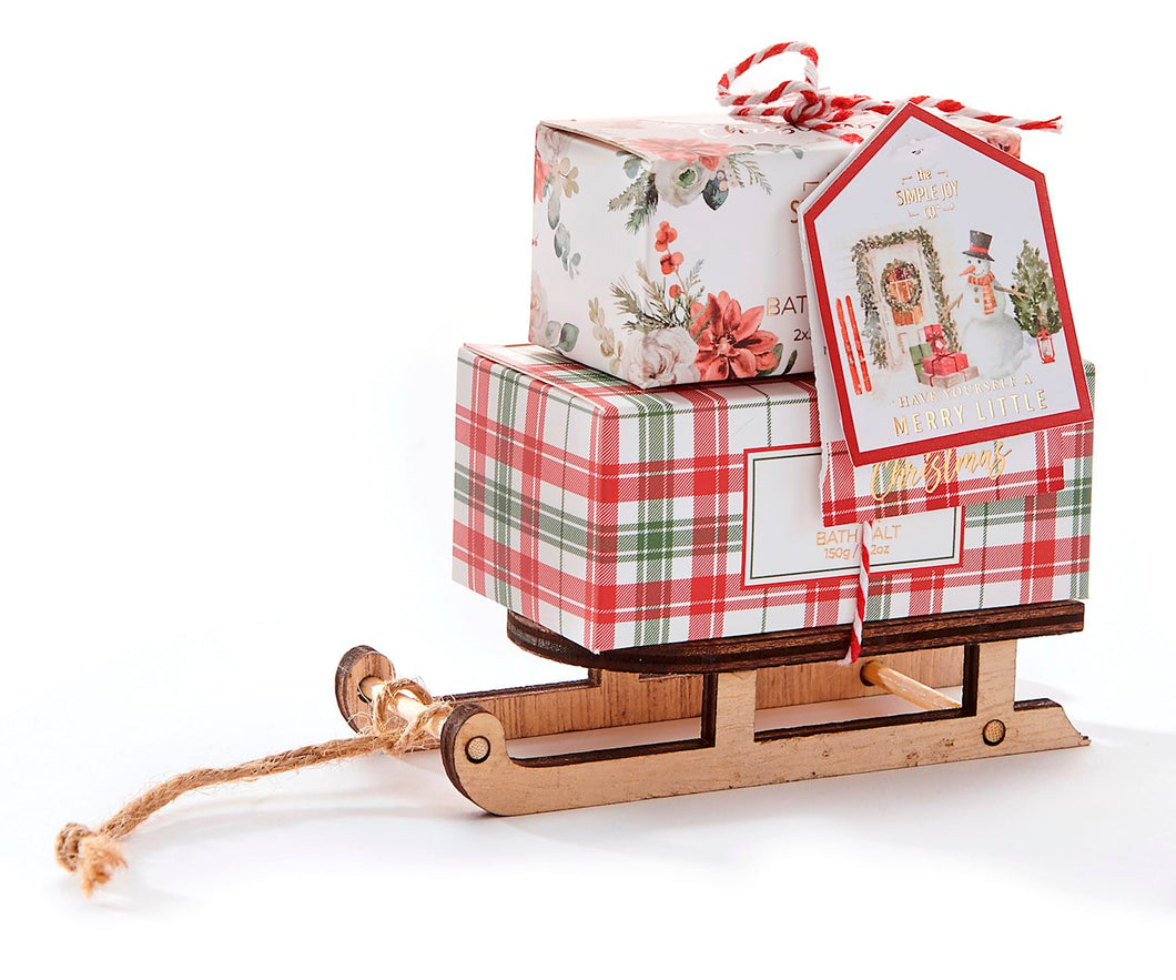 Fireside Scented Bath Fizzer & Bath Salts Gift Set on Wooden Sled