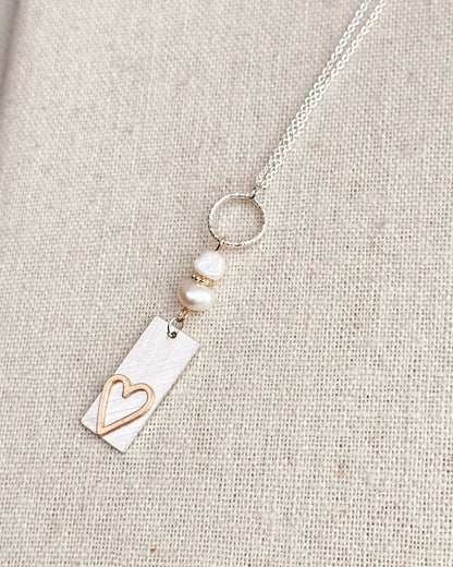 Two Tone Gold & Silver Pearl Heart Tag Necklace 245488