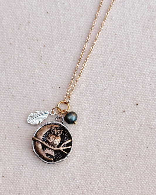 Owl and Moon Pearl Talisman Charm Necklace 244846