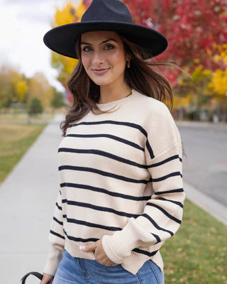 Crew Neck Striped Sweater-Natural/Black SALE