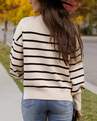 Crew Neck Striped Sweater-Natural/Black SALE