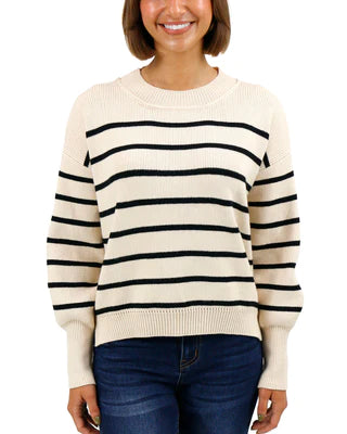 Crew Neck Striped Sweater-Natural/Black SALE