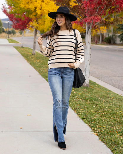 Crew Neck Striped Sweater-Natural/Black SALE