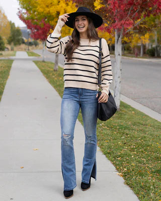 Crew Neck Striped Sweater-Natural/Black SALE