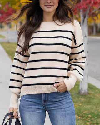 Crew Neck Striped Sweater-Natural/Black SALE