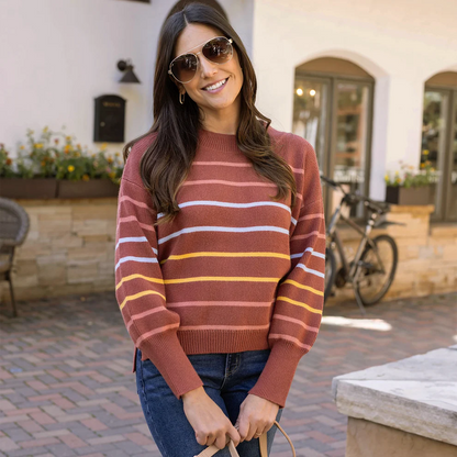 Crew Neck Striped Sweater in Terracotta Stripe SALE