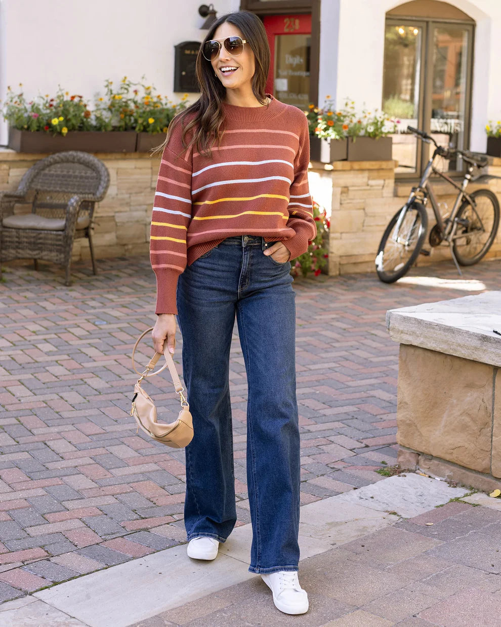 Crew Neck Striped Sweater in Terracotta Stripe SALE