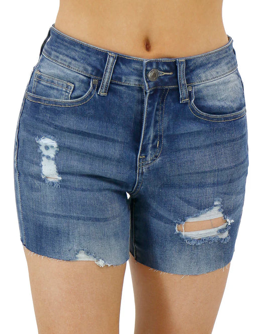 Distressed Stretch Denim Shorts in Vintage Mid-Wash SALE