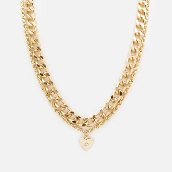 Duo of gold necklaces with wide links and twisted heart charm