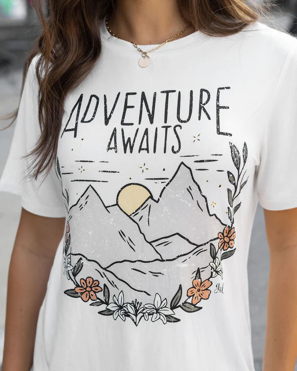 girlfriend fit graphic tee - adventure awaits SALE