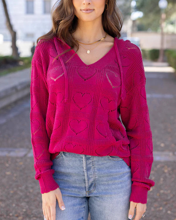 hooded heart pointelle knit sweater