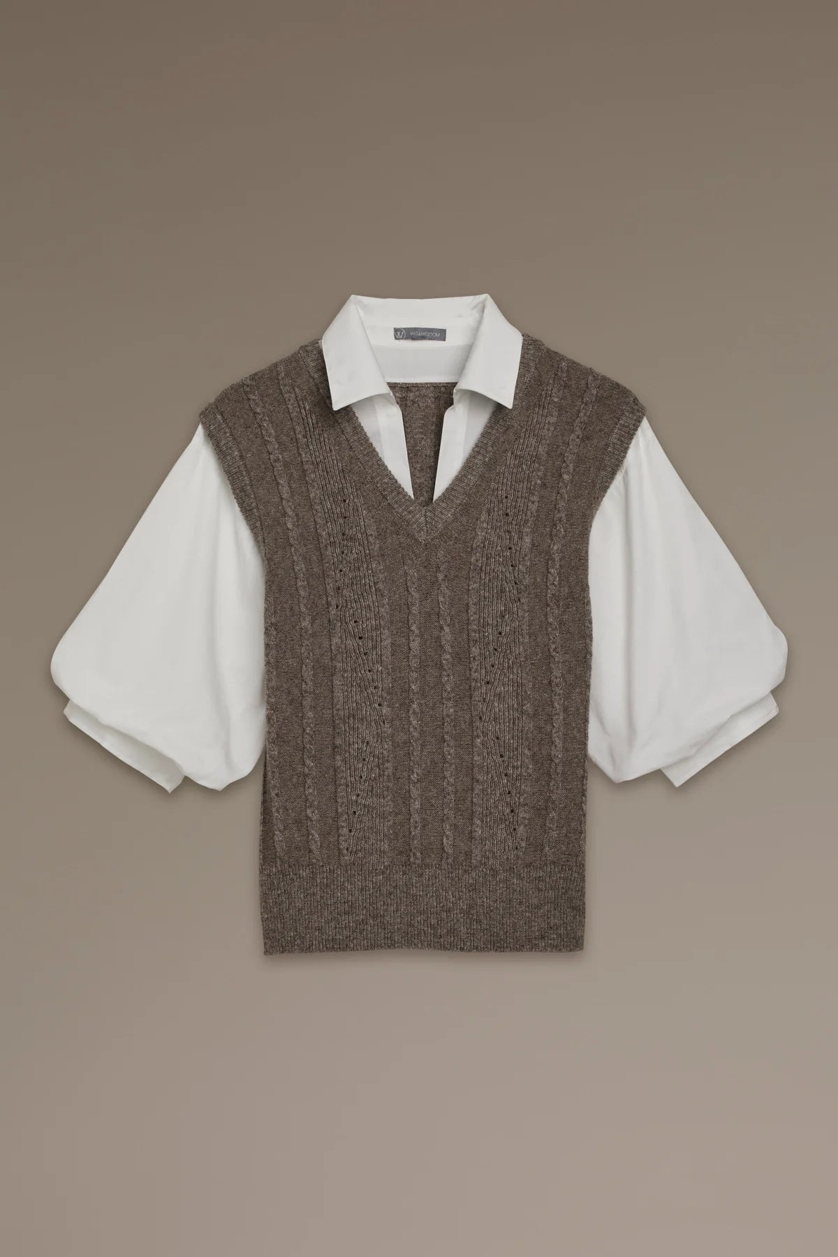 Blouson Sleeve Collared V-Neck Solid Stich Mix Twofer Sweater Vest