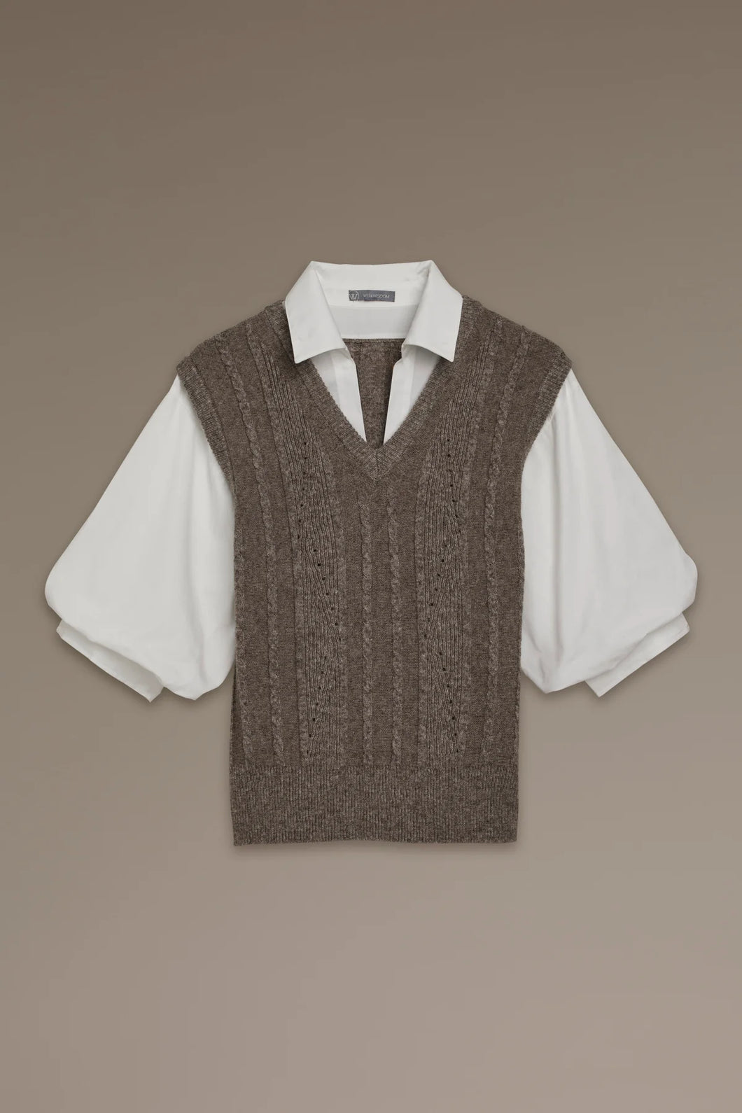 Blouson Sleeve Collared V-Neck Solid Stich Mix Twofer Sweater Vest