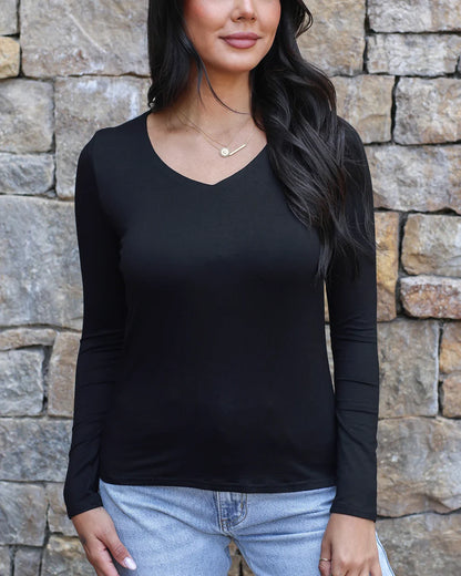 Modal V-Neck Long Sleeve Top-SALE