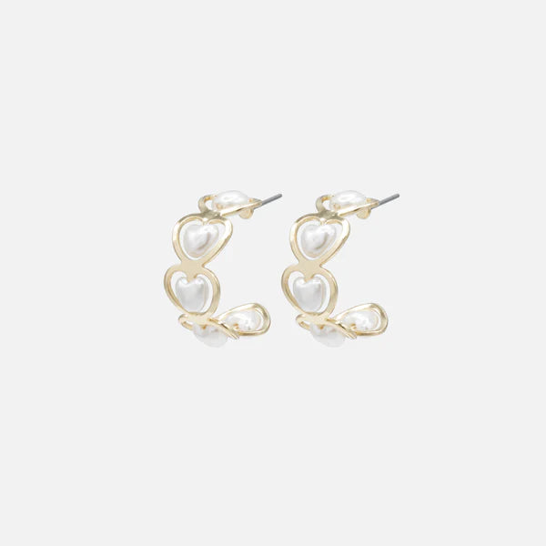 Gold half-circle earrings with heart-shaped pearls