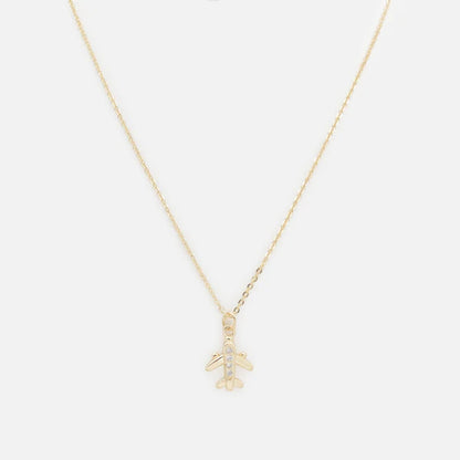 Gold Tone Small Airplane Charm Necklace with Cubic Zirconia